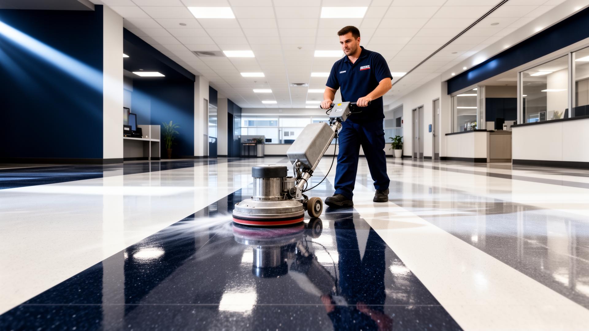 Commercial floor burnishing in progress
